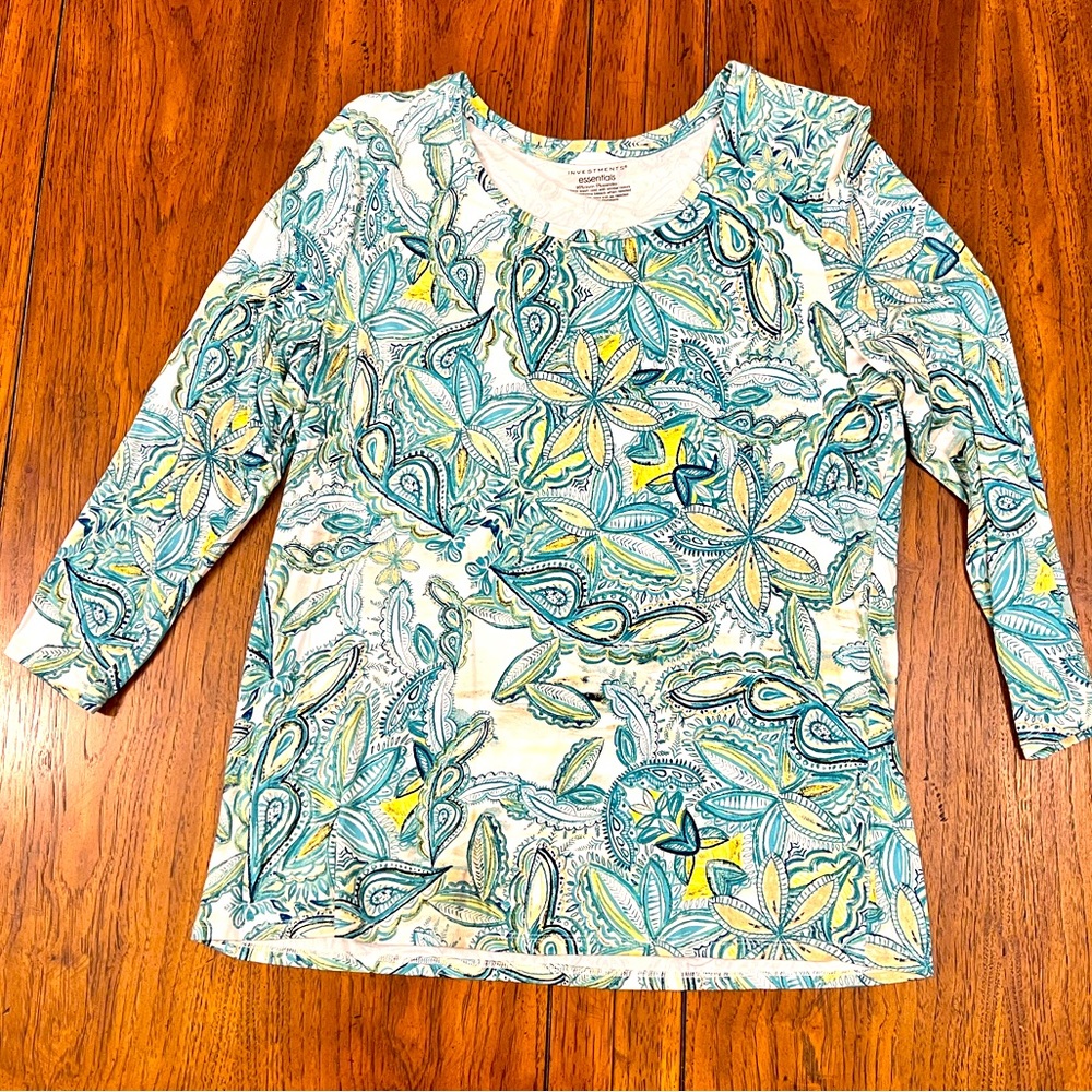Casual 3/4 sleeve blouse; Blue, white, green, yellow floral/paisley print; sz L